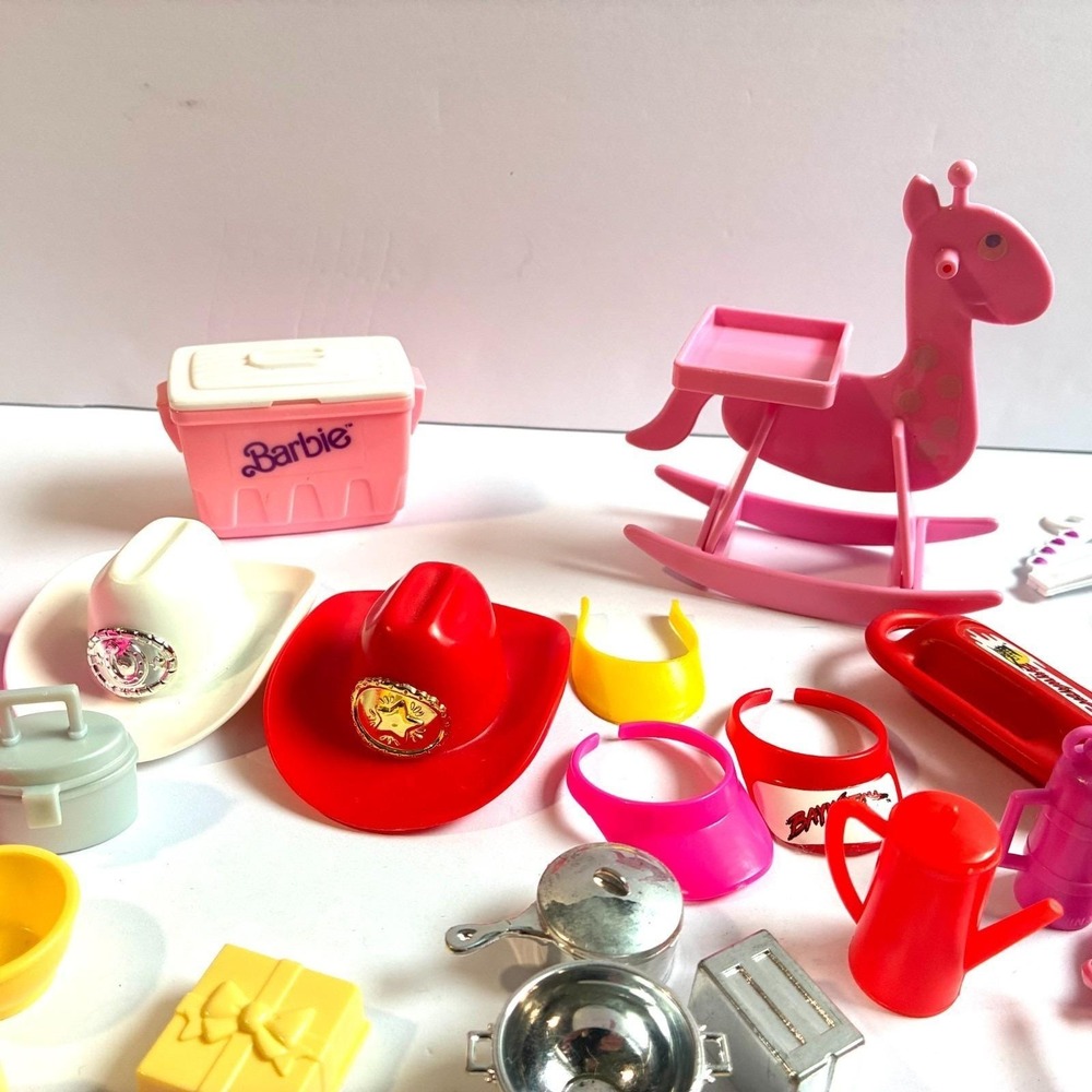 Vtg Barbie Accessories Lot Kitchen Sports Hat Pool Float Dishes Boom Box 100 pcs - Picture 3 of 12